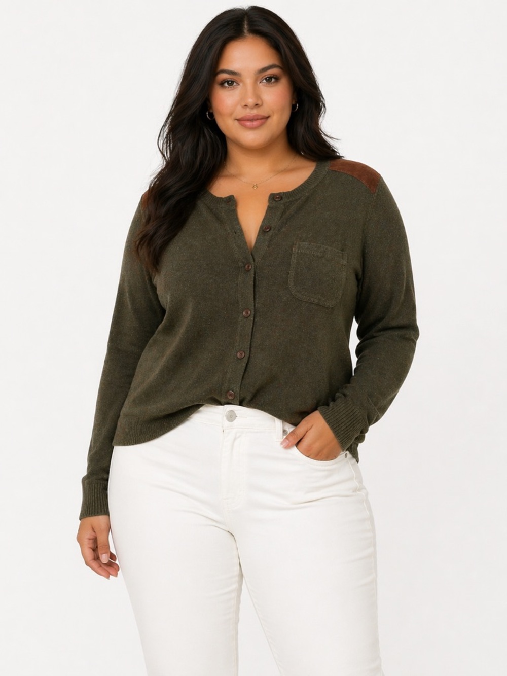 Ralph Lauren Olive Green Knit Cardigan w/ Brown Shoulder Suede Accents